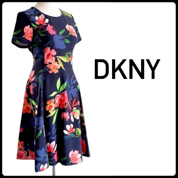 DKNY Navy Floral Fit Flare With POCKETS Dress NWT